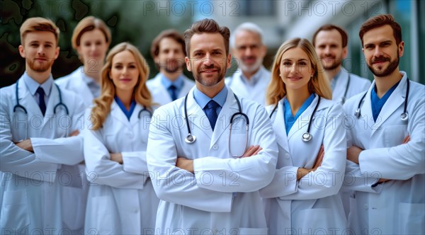 Smiling medical team with a male doctor in the forefront, exuding leadership, AI generated