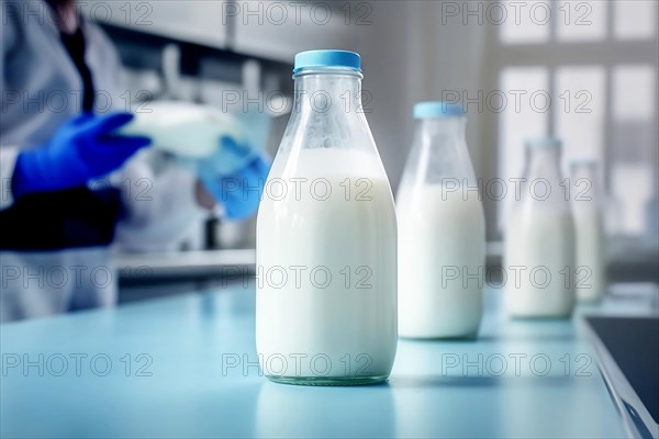 Milk glass bottle in laboratory. Concept for lab grown milk from artificial cultured dairy production. KI generiert, AI generated