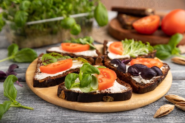 Grain rye bread sandwiches with cream cheese, tomatoes and basil microgreen on gray wooden background and linen textile. side view, close up, selective focus