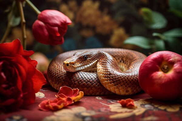 Snake with apple. KI generiert, generiert AI generated