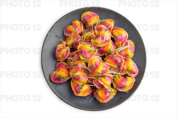 Rainbow colored dumplings with pepper, herbs, microgreen isolated on white background. Top view, flat lay, close up