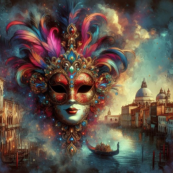 Ornate fantasy mask over a surreal Venetian scene in grand canal with a gondola and vibrant colors depicting carnival tradition season, ai generated, AI generated