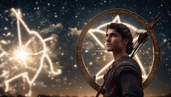 Young man Sagittarius according to the zodiac sign with a bow in his hands with dark hair and green eyes against the background of the starry sky.AI generated