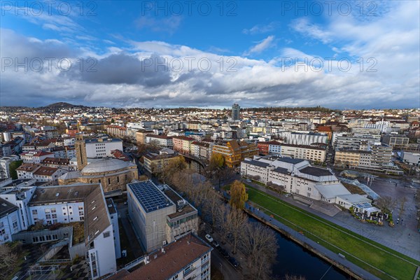 Aerial view of a city with river and bridges under a cloudy sky, Pforzheim, Germany, Europe