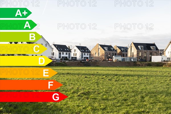 New development area, graphic with energy efficiency classes for buildings according to the GEG, Duesseldorf, Germany, energy efficiency, Europe