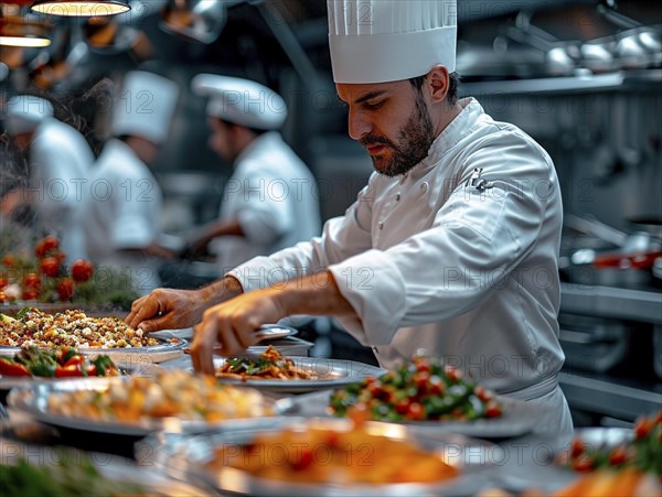 Chefs in a commercial kitchen at work, AI generated