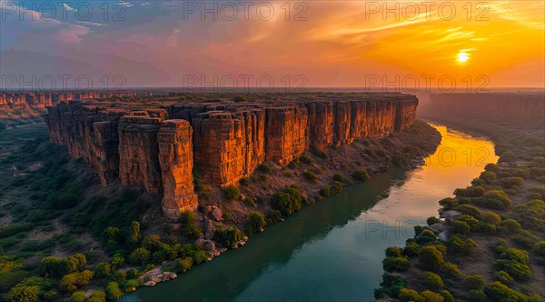 Sunset over Gandikota fort on the banks of the Penner river river with cliffs in Kadapa district, Andhra Pradesh, India during golden hour, AI generated