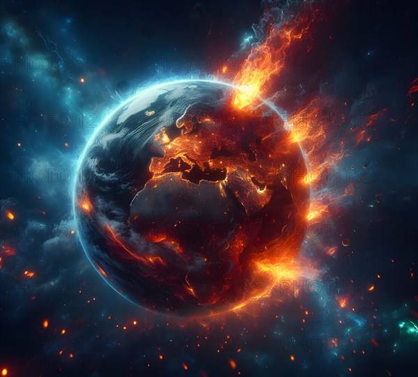 The earth is burning, symbolic image. Climate change, global warming, the environmental catastrophe caused by global warming of the earth, AI generated, AI generated