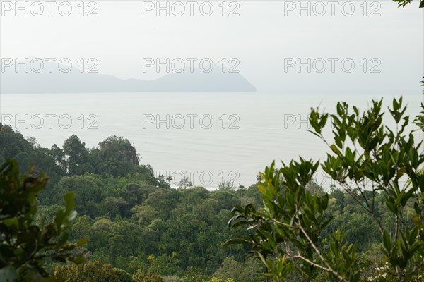 Bako national park, sea sandy beach, overcast, cloudy day, sky and sea. Vacation, travel, tropics concept, no people, Malaysia, Kuching, Asia