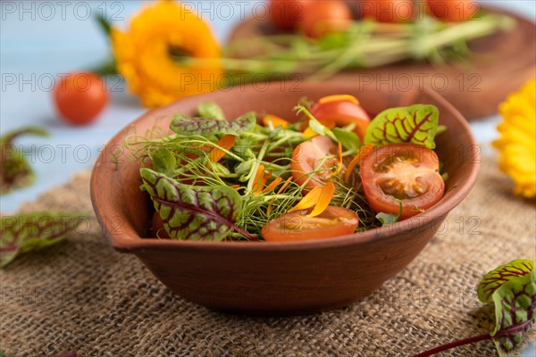 Vegetarian vegetables salad of tomatoes, marigold petals, microgreen sprouts on blue wooden background and linen textile. Side view, close up, selective focus