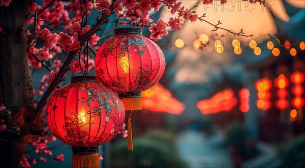 Red traditional Chinese lanterns hanging from cherry blossom branches, AI generated