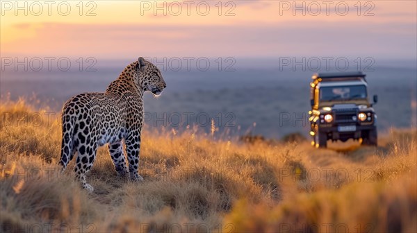 Leopard (Panthera pardus) in natural environment with Jeep, Landrover, AI generated