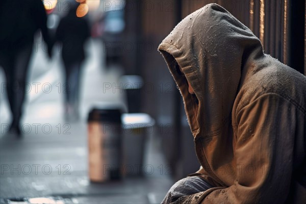 Homeless beggar in hoow in street. KI generiert, generiert AI generated