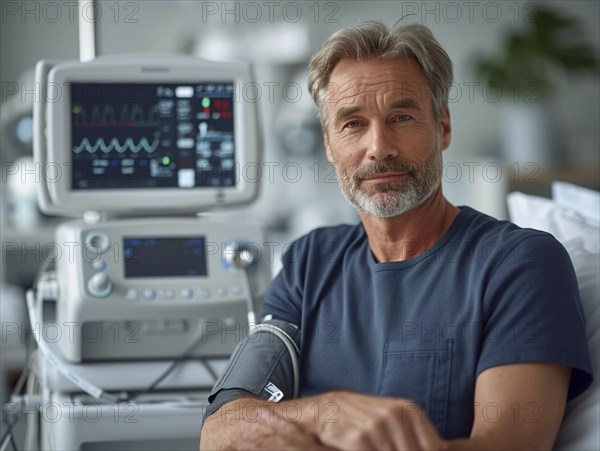 A man checks his blood pressure with a measuring device. Avoidance of bulk hypertension, scarcity, precaution, AI generated