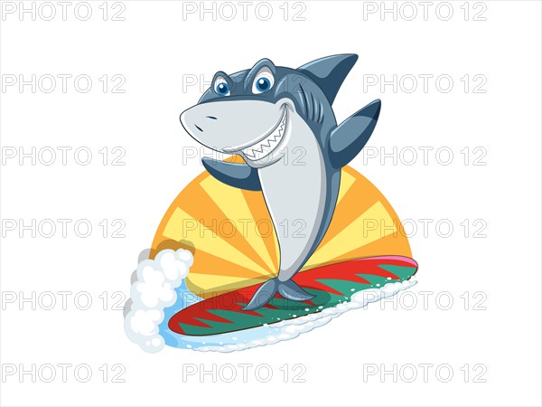 Cartoon shark riding a surfboard on a wave