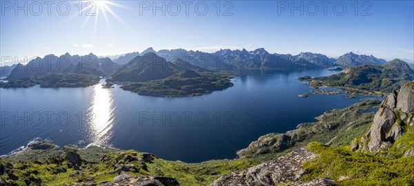 View of the fjord Ulvagsundet and Raftsund and mountains, view from the top of Dronningsvarden or Stortinden, Sonnenstern, Vesteralen, Norway, Europe