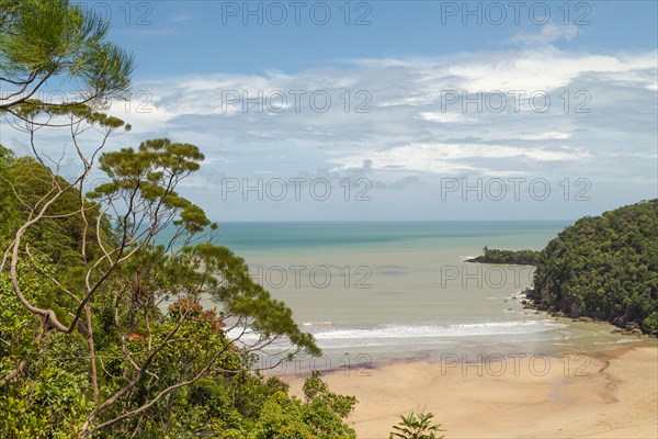 Bako national park, sea sandy beach, sunny day, blue sky and sea. Vacation, travel, tropics concept, no people, Malaysia, Kuching, Asia