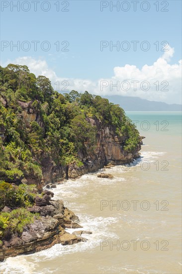 Bako national park, sea sandy beach, sunny day, blue sky and sea. Vacation, travel, tropics concept, no people, Malaysia, Kuching, Asia