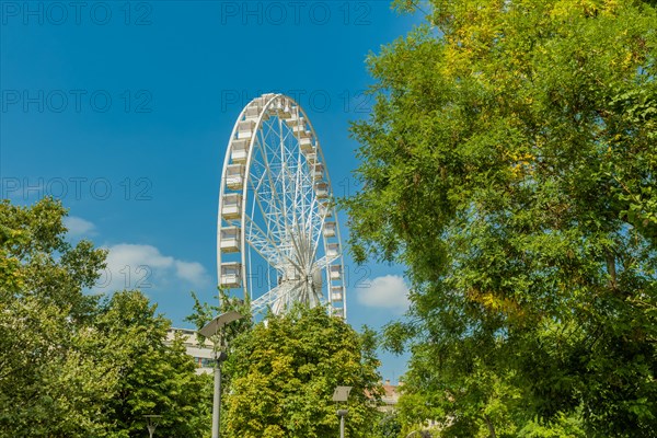 Partial view of a ferris wheel behind lush green trees against a blue sky