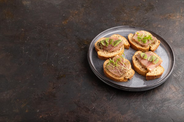 Bread sandwiches with jerky salted meat, sorrel and cilantro microgreen on black concrete background. side view, copy space