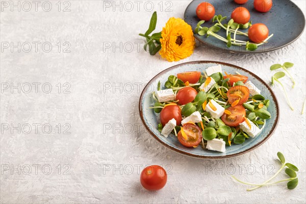 Vegetarian vegetables salad of tomatoes, marigold petals, microgreen sprouts, feta cheese on gray concrete background. Side view, copy space