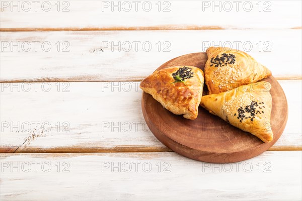 Homemade asian pastry samosa on white wooden background. side view, copy space