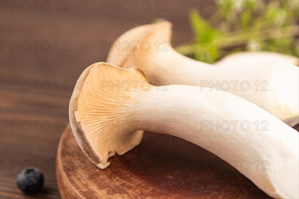 King Oyster mushrooms or Eringi (Pleurotus eryngii) on brown wooden background with blueberry, herbs and spices. Side view, selective focus