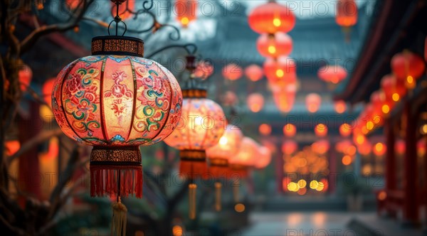 Illuminated traditional Chinese lanterns with calligraphy, hanging in a historic setting, AI generated