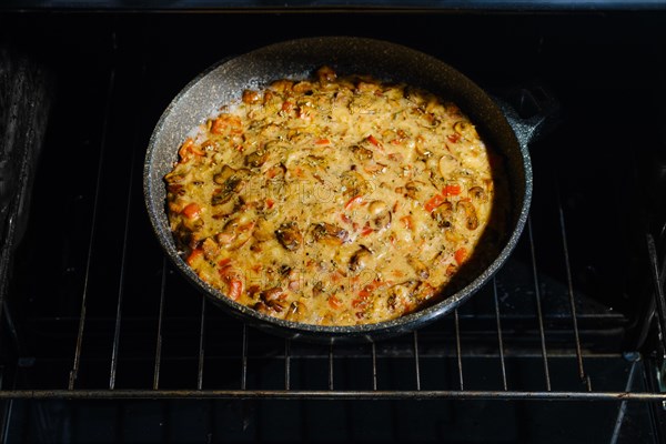 Top view of mushroom pie with chicken meat on grid in oven