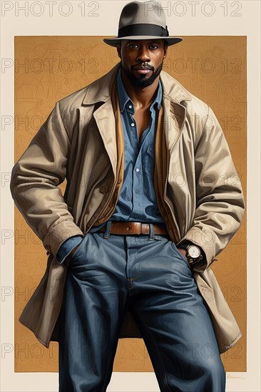 Portrair of 40s stylish african american man with a hat standing confidently standing, over a beige backdrop, wear casual, blue jeans, shirt and trench coat AI GENERATED, AI generated