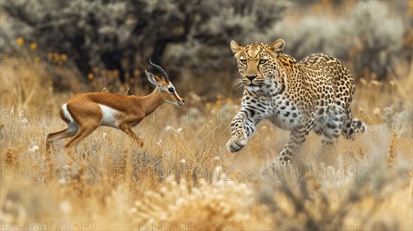 Leopard (Panthera pardus) in natural environment hunting a gazelle, AI generated