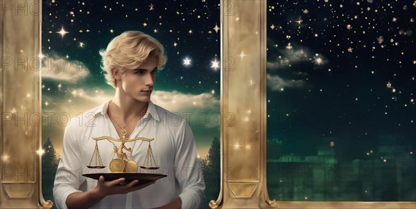 Young man Libra by zodiac sign with scales in his hands with blond hair and green eyes against the background of the starry sky.AI generated