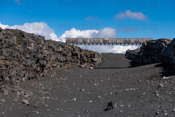 Bridge between the continents crosses the rift valley between the American and European continental plates, Reykjanes Peninsula, Iceland, Europe