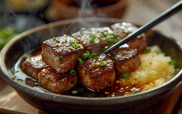 Wagyu beef steaks over rice, garnished with green onions and sesame seeds in a bowl, AI generated