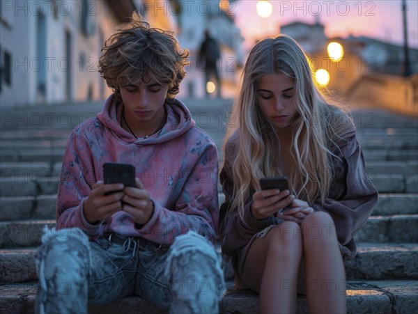 Several young people look bored at their cell phones, neglect social contacts, sport, reading, AI generated