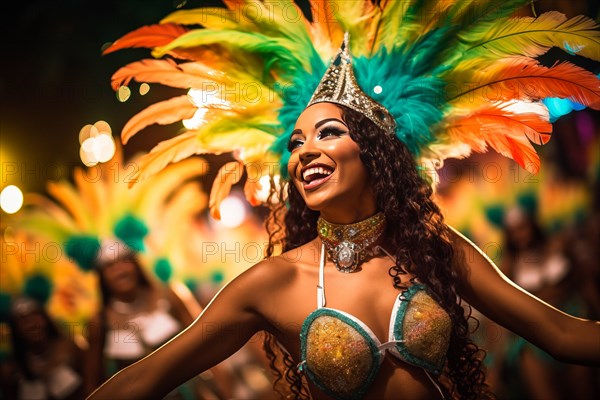 Captivating image capturing the essence of the Rio Carnival, showcasing a dancer adorned in an elaborate, vibrant costume, embodying the spirit and energy of this iconic festival, AI generated