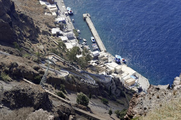 Fira, Santorini Island, Greece Panoramic view, with cable car cabins from the old harbour