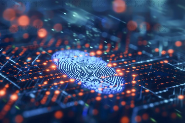 A fingerprint on a glowing blue circuit symbolises advanced security technology, biometric authentication, cyber security and fingerprint password, future technology and cybernetics, AI generated, AI generated