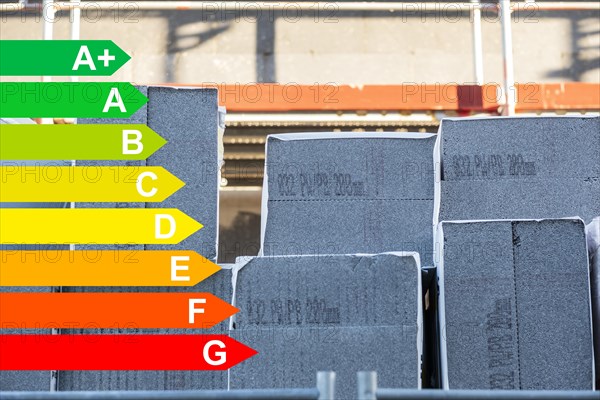 Insulation of a house facade with Polystorol insulation boards, graphic with energy efficiency classes for buildings according to the GEG, Duesseldorf, Germany, energy efficiency, Europe