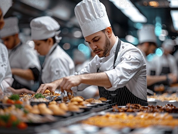 Chefs in a commercial kitchen at work, AI generated