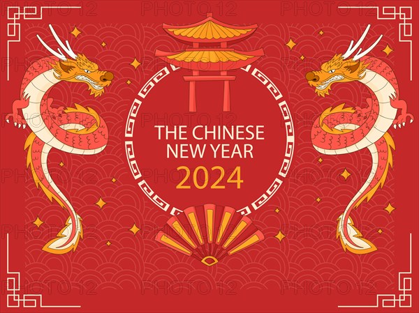 A festive Chinese New Year 2024 design with dragons and traditional red and gold decorations