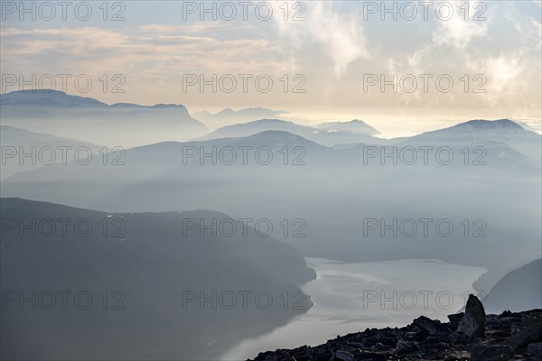 Mountains and fjord Faleidfjorden, in the evening light, view from the top of Skala, Loen, Norway, Europe