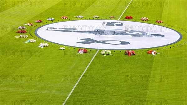 Banner with Franz Beckenbauer and wreaths of flowers, funeral service of FC Bayern Munich for Franz Beckenbauer, Allianz Arena, Froettmaning, Munich, Upper Bavaria, Bavaria