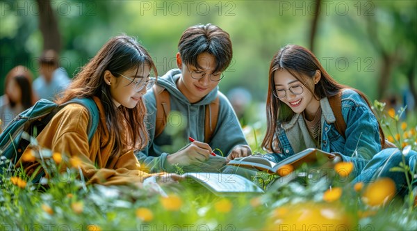 Group of students studying together happily surrounded by lush greenery, AI generated