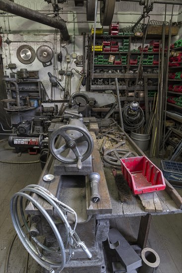 Workshop with lathe of a metal powder mill, founded around 1900, Igensdorf, Upper Franconia, Bavaria, Germany, metal, factory, Europe