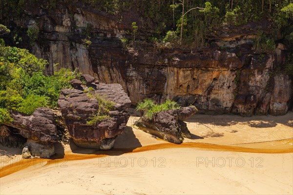 Bako national park, sea sandy beach, sunny day, blue sky and sea. Vacation, travel, tropics concept, no people, Malaysia, Kuching, Asia