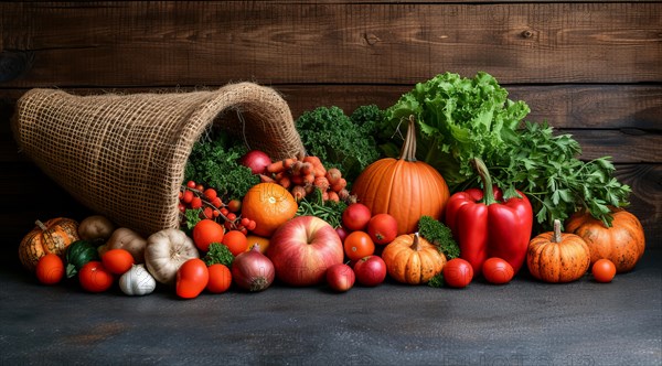 A cornucopia overflowing with fresh vegetables on a wooden background signifies abundance, AI generated