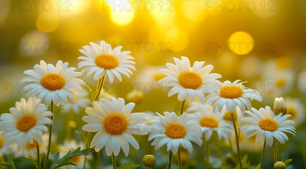 Angelita daisies with a warm golden bokeh effect from the sunset, AI generated
