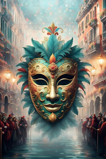 Ornate masquerade mask floating over a crowded Venetian carnival scene with a mystical air, ai generated, AI generated