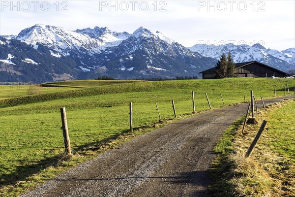 View of Heidelbeerkopf, Schnippenkopf, Entschenkopf and Rubihorn, near Kierwang, Illertal, Oberallgaeu, Allgaeu, Bavaria, Germany, Europe